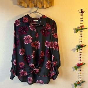 NWOT Maurices Gray Floral Collared Dress Shirt with maroon and pink flowers. Tra